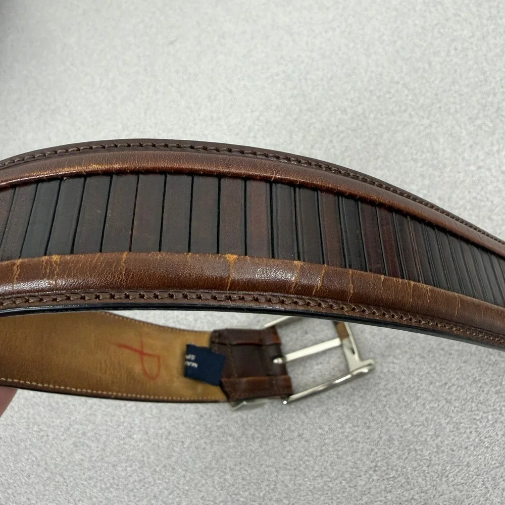 Mezlan Belt Mens 34 Brown Leather Dress Striped Texture Silver Buckle 1.25 *FLAW